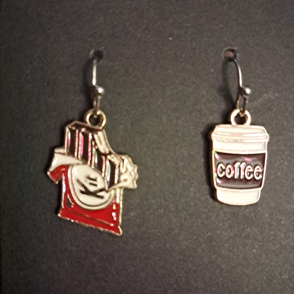 Hand Crafted Jewelry - Red and Silver Charm Chocolate And Coffee Odd Ball  Earrings NEW